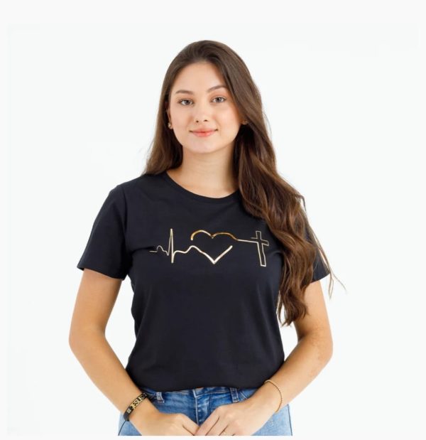 T'Shirt  Feminina Preta Bate Coração Dourado - Image 5